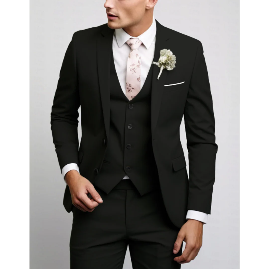 Men’s Three-Piece Suit Set – Slim Fit – Wool Blend – Notch Lapel – Flat Front Trousers