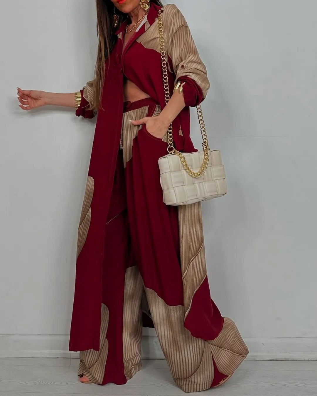 Women’s Two-Piece Set – Button-Down Tunic Shirt – Wide-Leg Pants – Oversized Fit