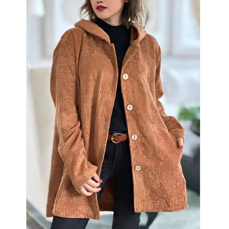 Women’s Casual Jacket – Corduroy Textured – Loose Fit – Hooded Mid-Thigh Length
