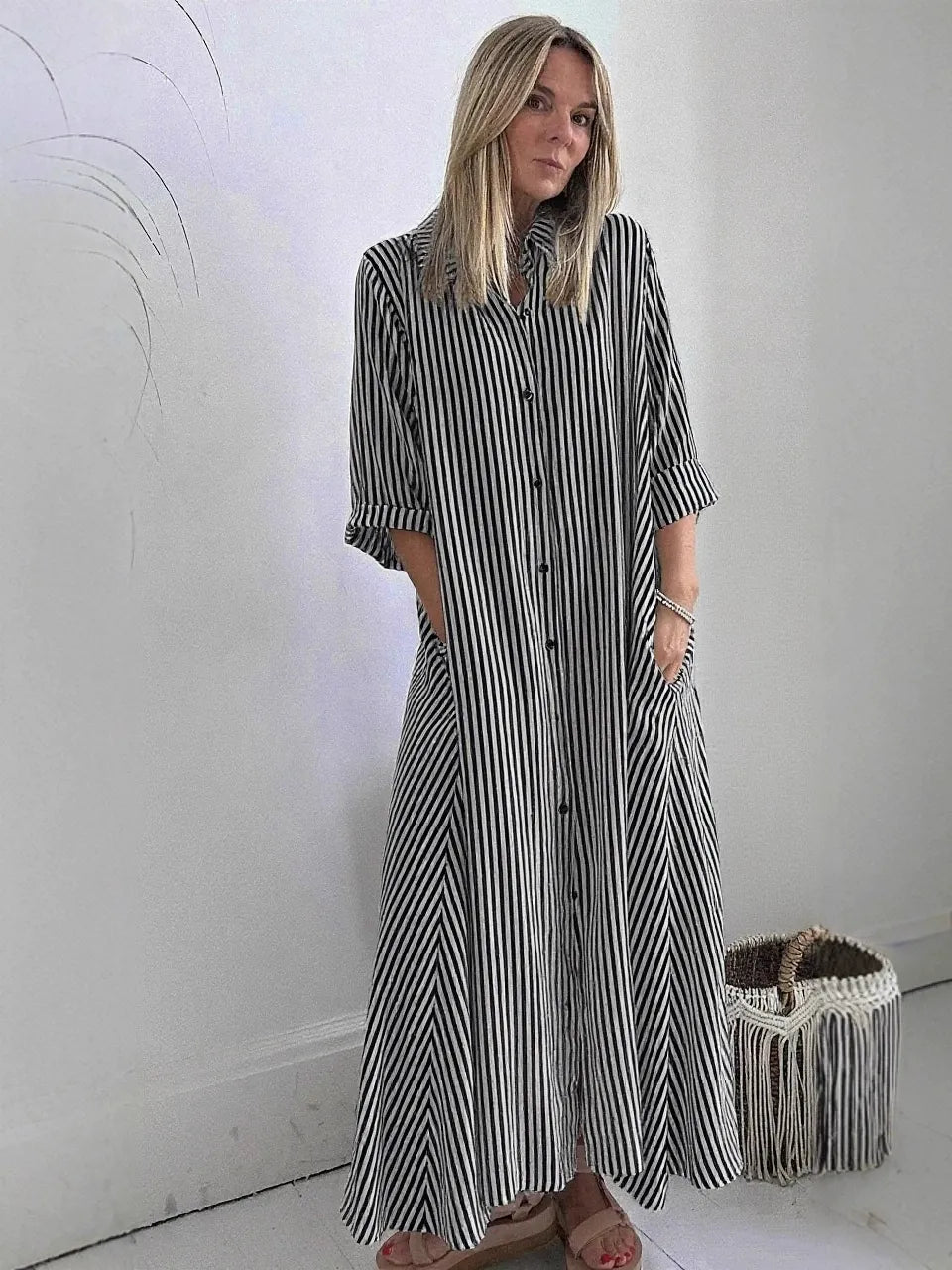 Women’s Maxi Dress – Cotton Blend – Relaxed Fit – Striped – Button Front – Lapel Collar – 3/4 Sleeve