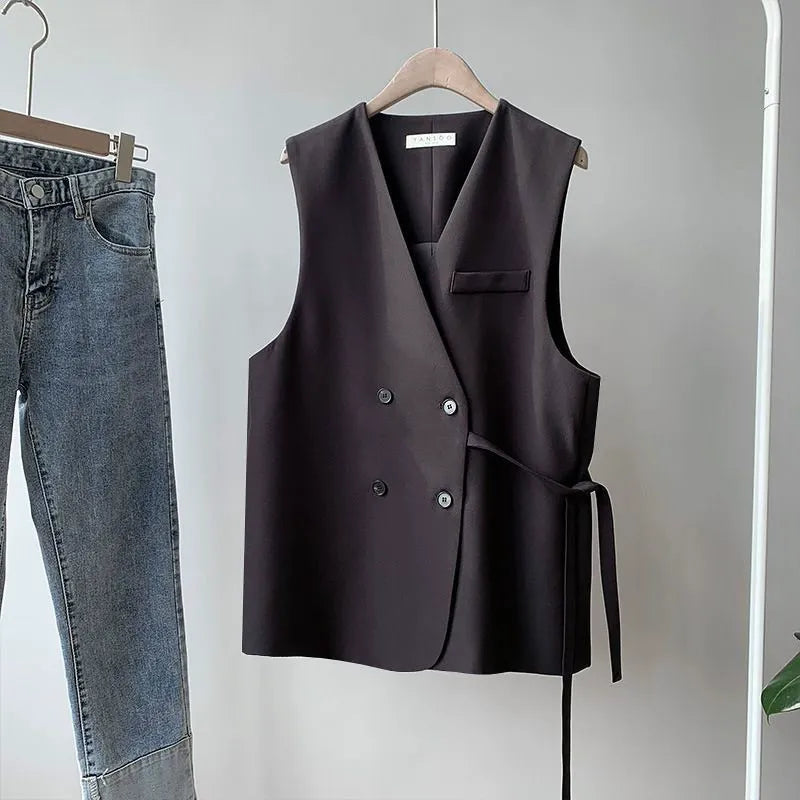 Women’s Suit Vest – Loose Fit – Double-Breasted – Hip Length – Tailored Layering
