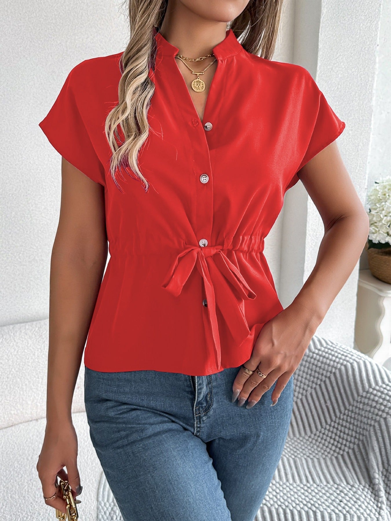 Women’s Short Sleeve Shirt – Relaxed Fit – V-Neck – Waist Tie – Button Front Cotton