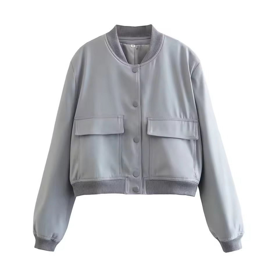 Women’s Bomber Jacket – Relaxed Fit – Button Front – Ribbed Trim – Flap Pockets