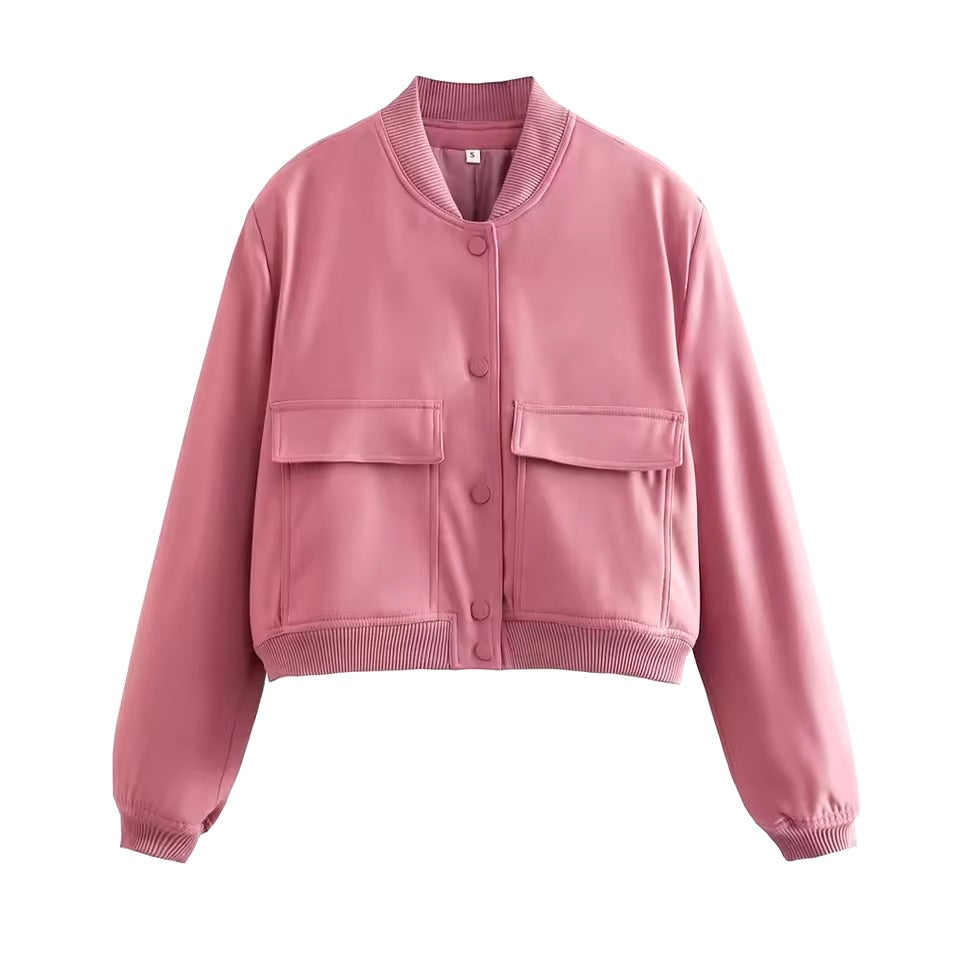 Women’s Bomber Jacket – Relaxed Fit – Button Front – Ribbed Trim – Flap Pockets