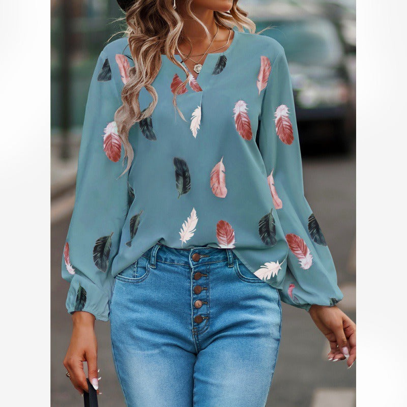 Women’s Long Sleeve T-Shirt – V-Neck – Relaxed Fit – Soft Touch Feather Print