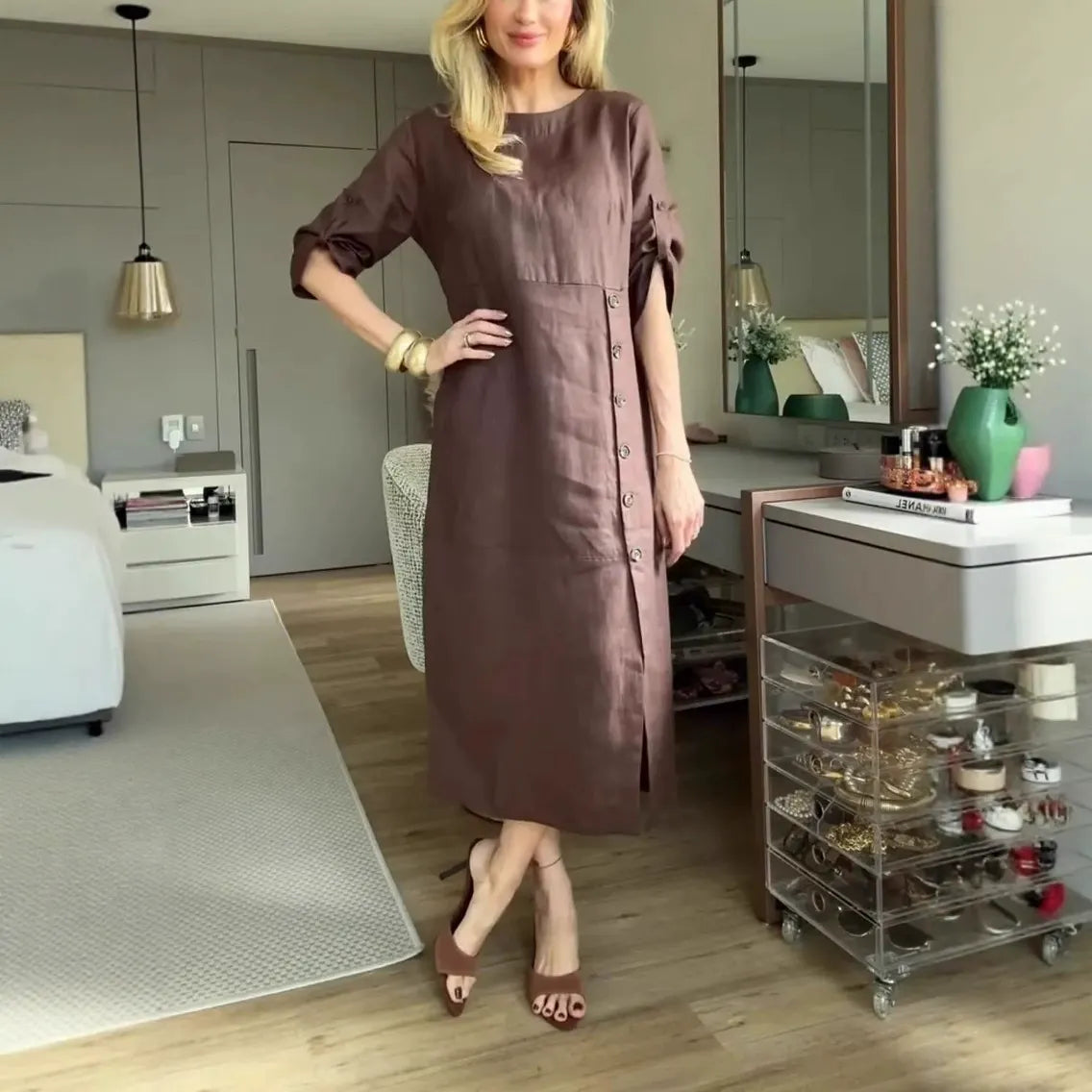 Women’s Midi Dress – Cotton Linen – Relaxed Fit – Short Sleeve – Side Button Detail