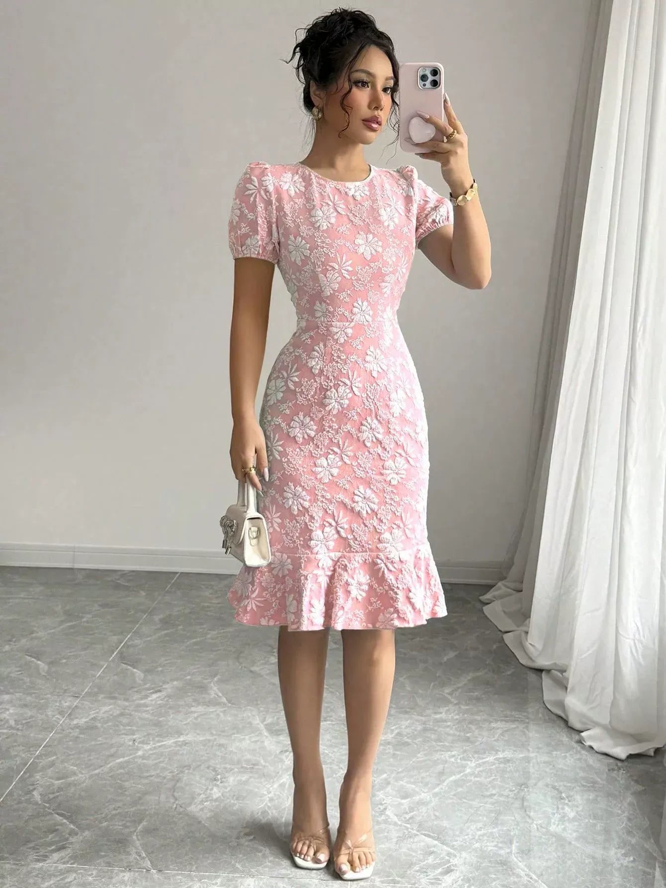 Women’s Midi Dress – Textured Jacquard – Puff Sleeve – Fitted Waist – Vintage Style