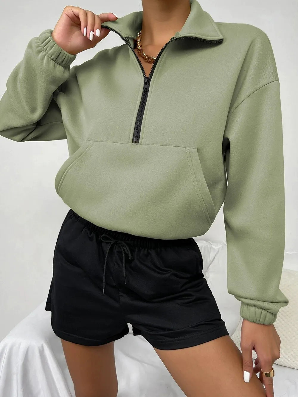 Women’s Sweater – Fleece Fabric – Loose Fit – Stand Collar – Half Zip – Kangaroo Pocket