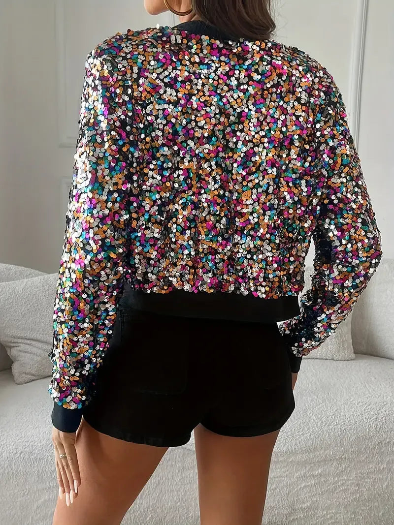Women’s Bomber Jacket – Cropped Fit – Sequin Embellished – Ribbed Hem and Cuffs