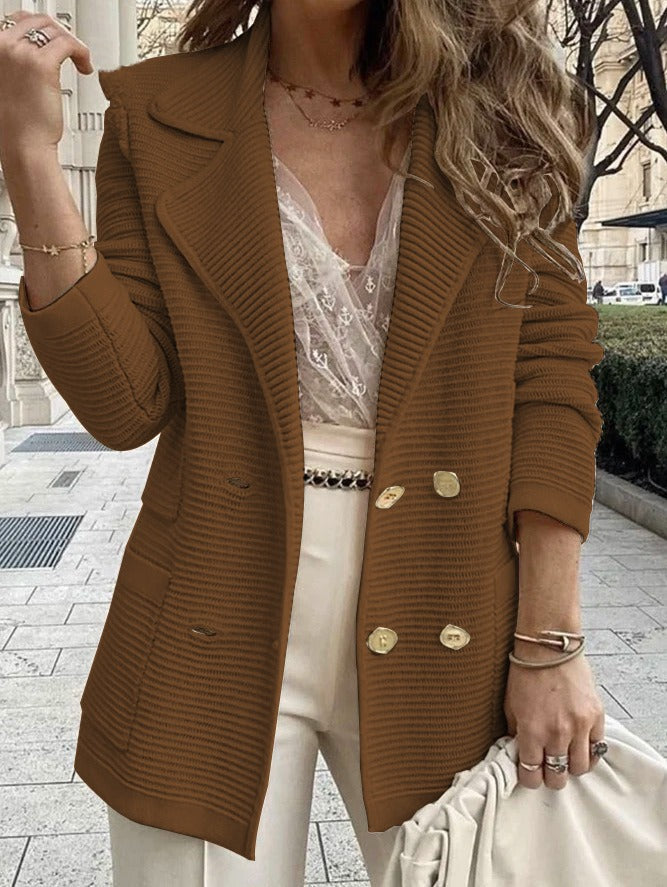 Women’s Jacket Coat – Tailored Fit – Ribbed Texture – Double-Breasted – Lapel Collar