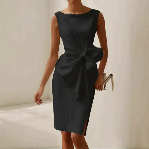 Women’s Slim Fit Dress - Woven Fabric - Boat Neck - Sleeveless - Knee Length - Bow Detail