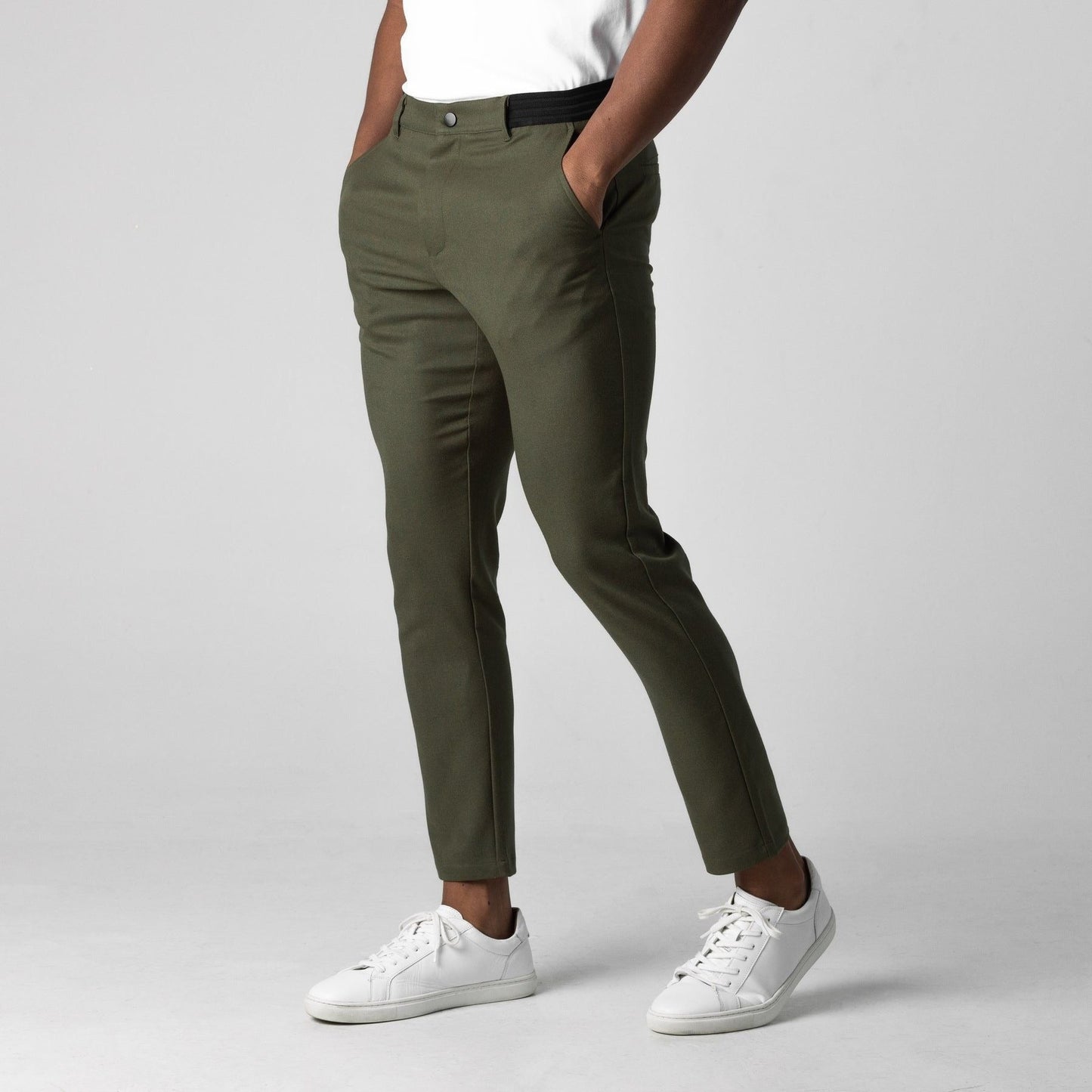 Men’s Cropped Pants – Slim Fit – Woven Stretch – Flat Front – Elastic Waist – Pockets