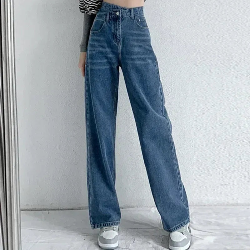 Women’s Jeans – High Waist – Cross-Waist Detail – Relaxed Straight Leg – Full Length