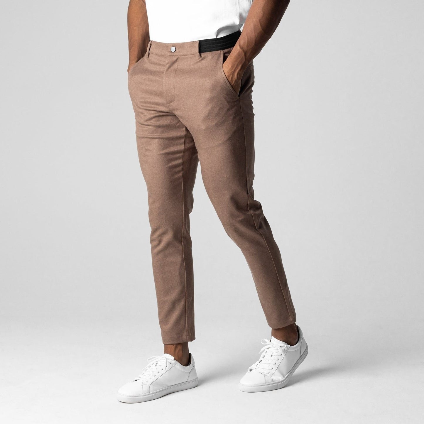 Men’s Cropped Pants – Slim Fit – Woven Stretch – Flat Front – Elastic Waist – Pockets