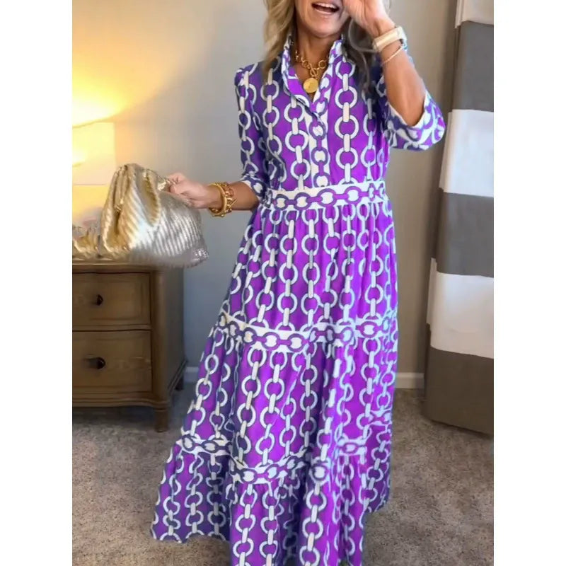 Women’s Maxi Dress - Woven Fabric - V-Neck - Three-Quarter Sleeve - Button Front