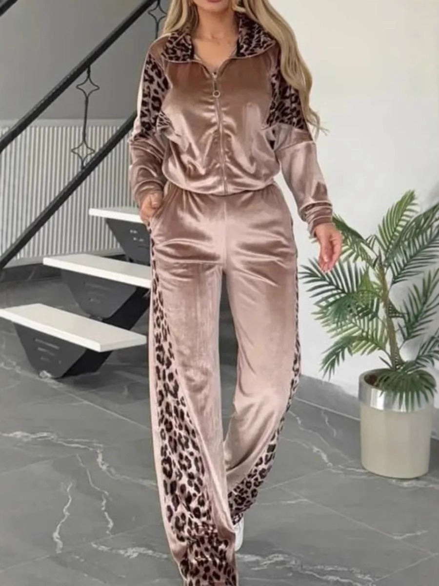 Women’s Leisure Suit Set – Relaxed Fit Jacket and Pants – Animal Print Trim