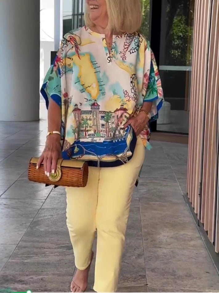 Women's Tunic Blouse - Woven - Relaxed Fit - Batwing Sleeves - Floral Print