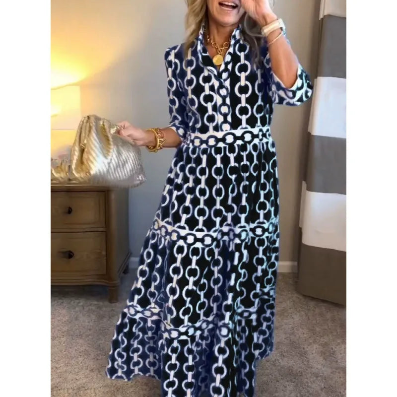 Women’s Maxi Dress - Woven Fabric - V-Neck - Three-Quarter Sleeve - Button Front