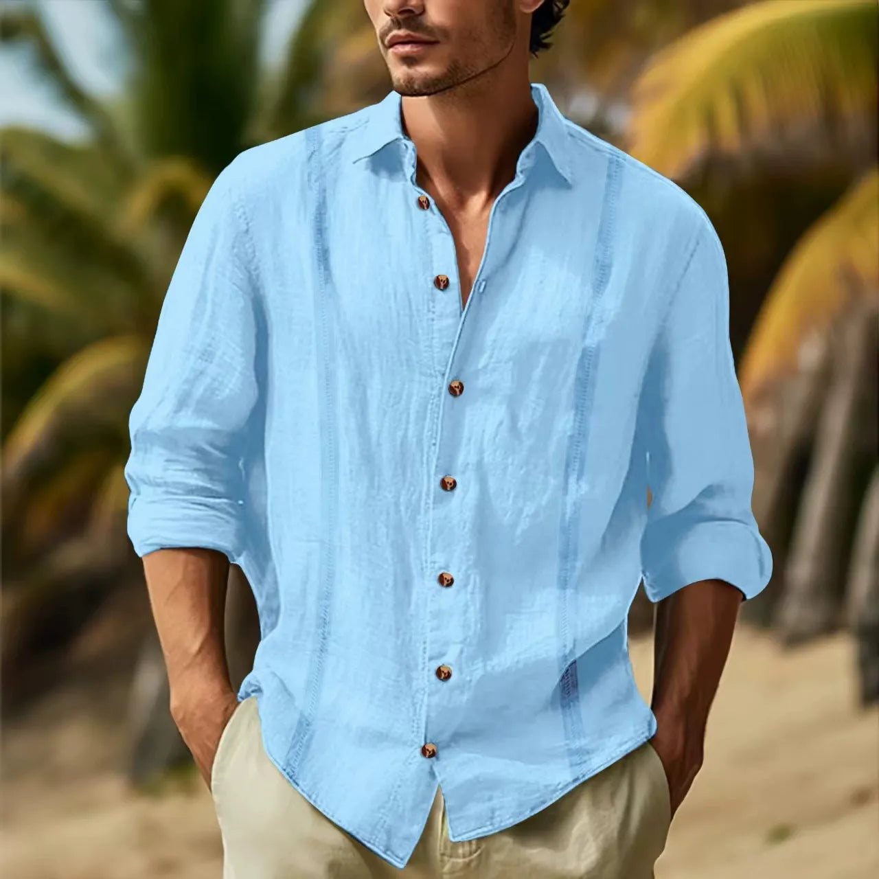 Men’s Long Sleeve Shirt – Cotton Linen – Relaxed Fit – Button-Up – Casual Style
