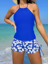 Women’s Tankini Set – Halter Neck – Backless Sleeveless Top – Floral Side-Tie Shorts – Breathable Blend