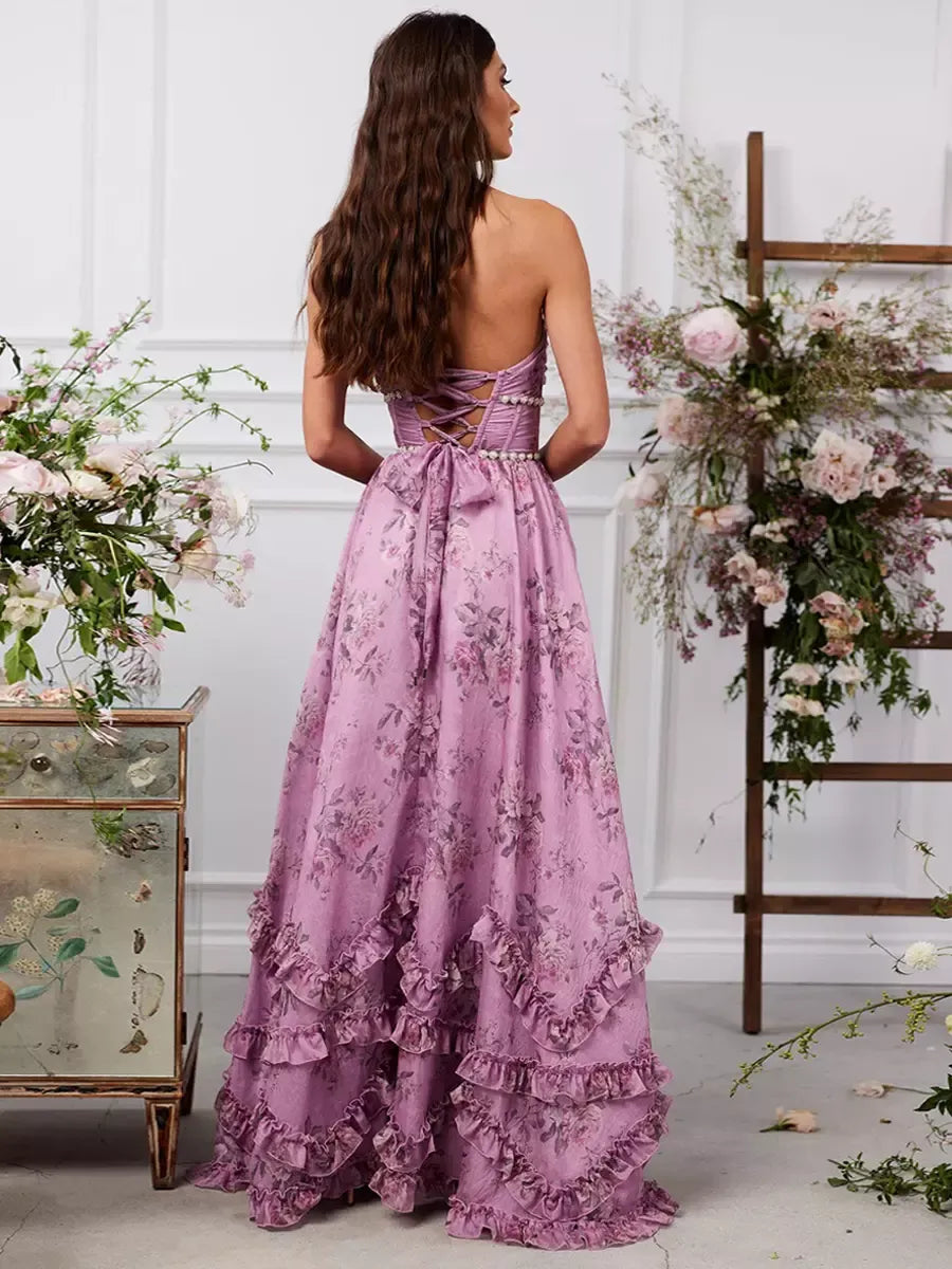 Women’s Maxi Dress – Halter Neck – Beaded Waist – Floral Print – A-Line Ruffle Skirt