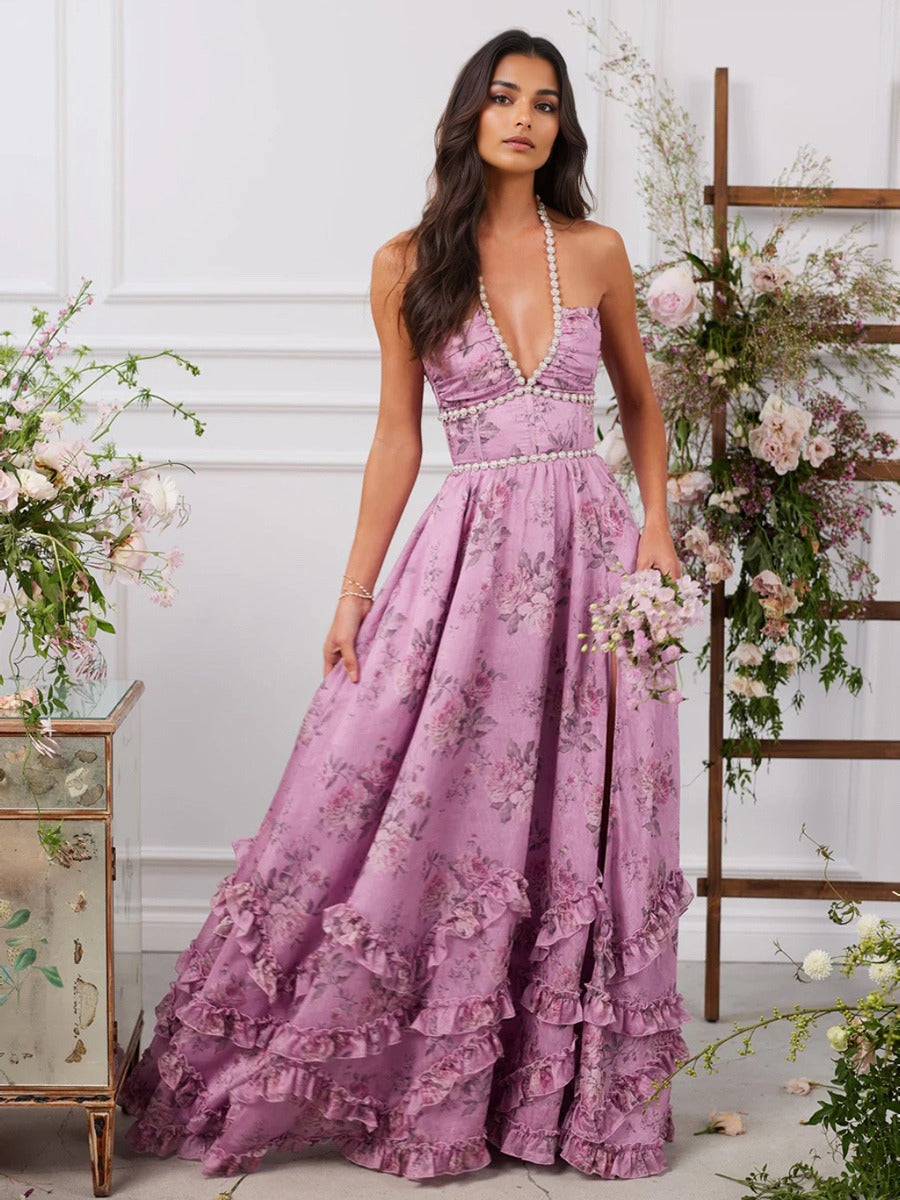 Women’s Maxi Dress – Halter Neck – Beaded Waist – Floral Print – A-Line Ruffle Skirt