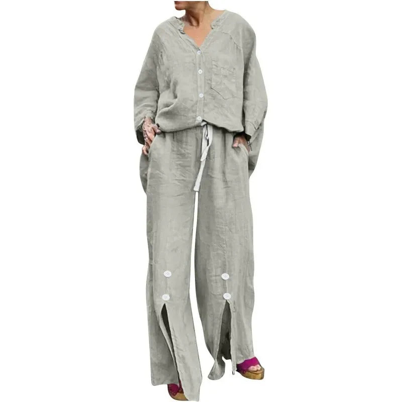 Women’s Two-Piece Set – V-Neck Cardigan – Drawstring Wide-Leg Pants – Cotton Blend