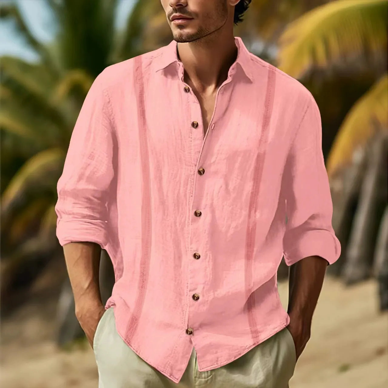 Men’s Long Sleeve Shirt – Cotton Linen – Relaxed Fit – Button-Up – Casual Style