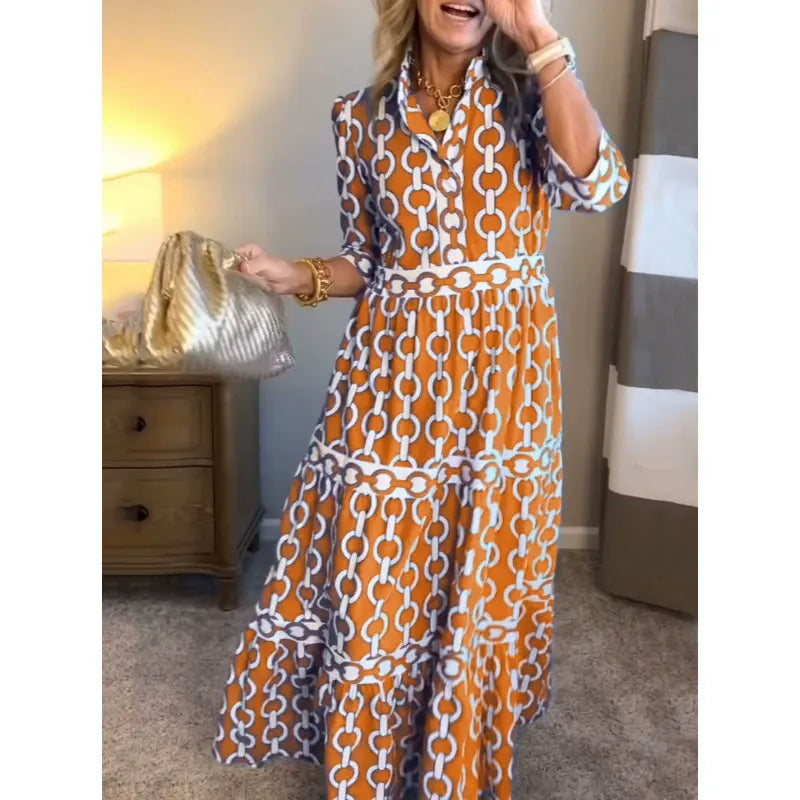Women’s Maxi Dress - Woven Fabric - V-Neck - Three-Quarter Sleeve - Button Front