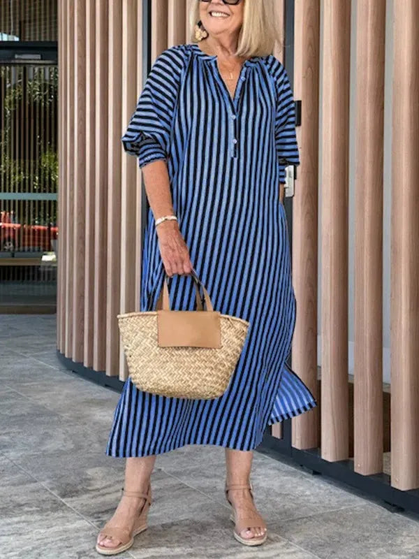 Women’s Midi Dress – Striped Print – V-Neck – Flutter Sleeve – Relaxed Fit – Cotton