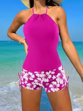 Women’s Tankini Set – Halter Neck – Backless Sleeveless Top – Floral Side-Tie Shorts – Breathable Blend