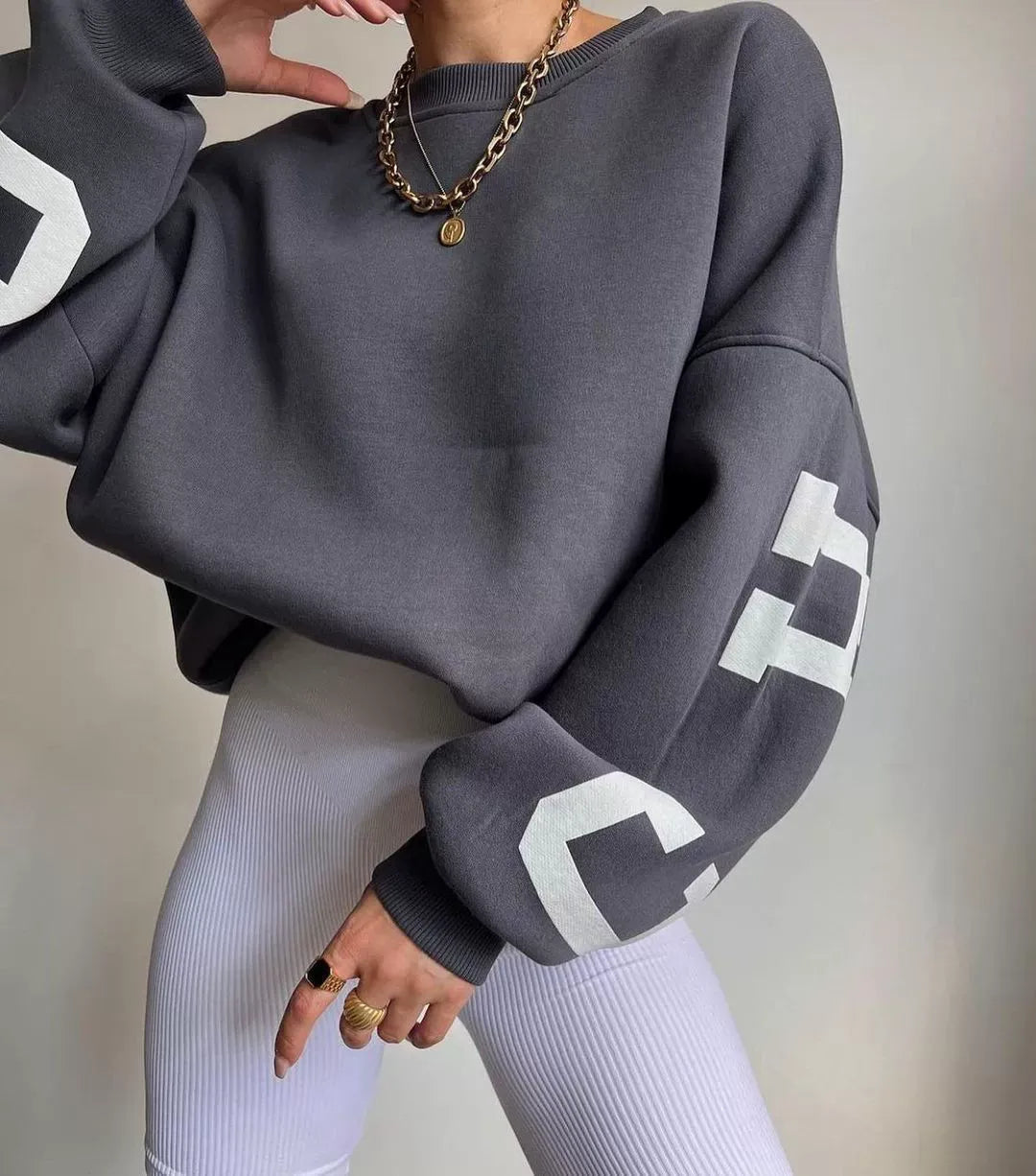 Women’s Sweatshirt – Oversized Fit – Cotton Blend – Graphic Sleeve – Crew Neck