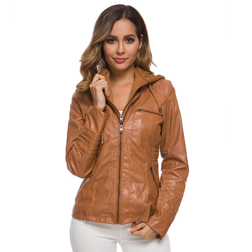 Women’s Leather Jacket – Slim Fit – Hooded – Zipper Front – Ribbed Shoulders
