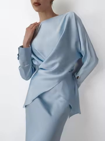 Women’s Skirt Set – Draped Long Sleeve Top – Midi Straight Skirt