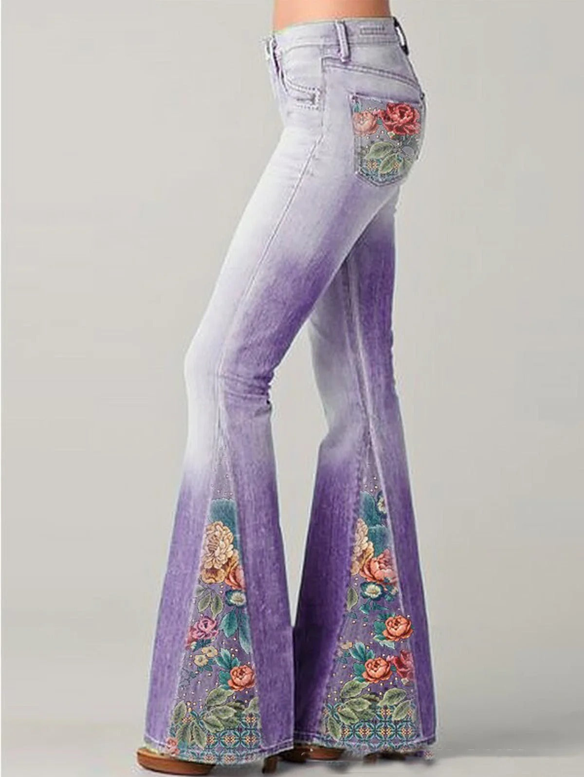 Women’s Flared Jeans – Relaxed Fit – Embroidered Floral Detail – Cotton Denim – Full Length