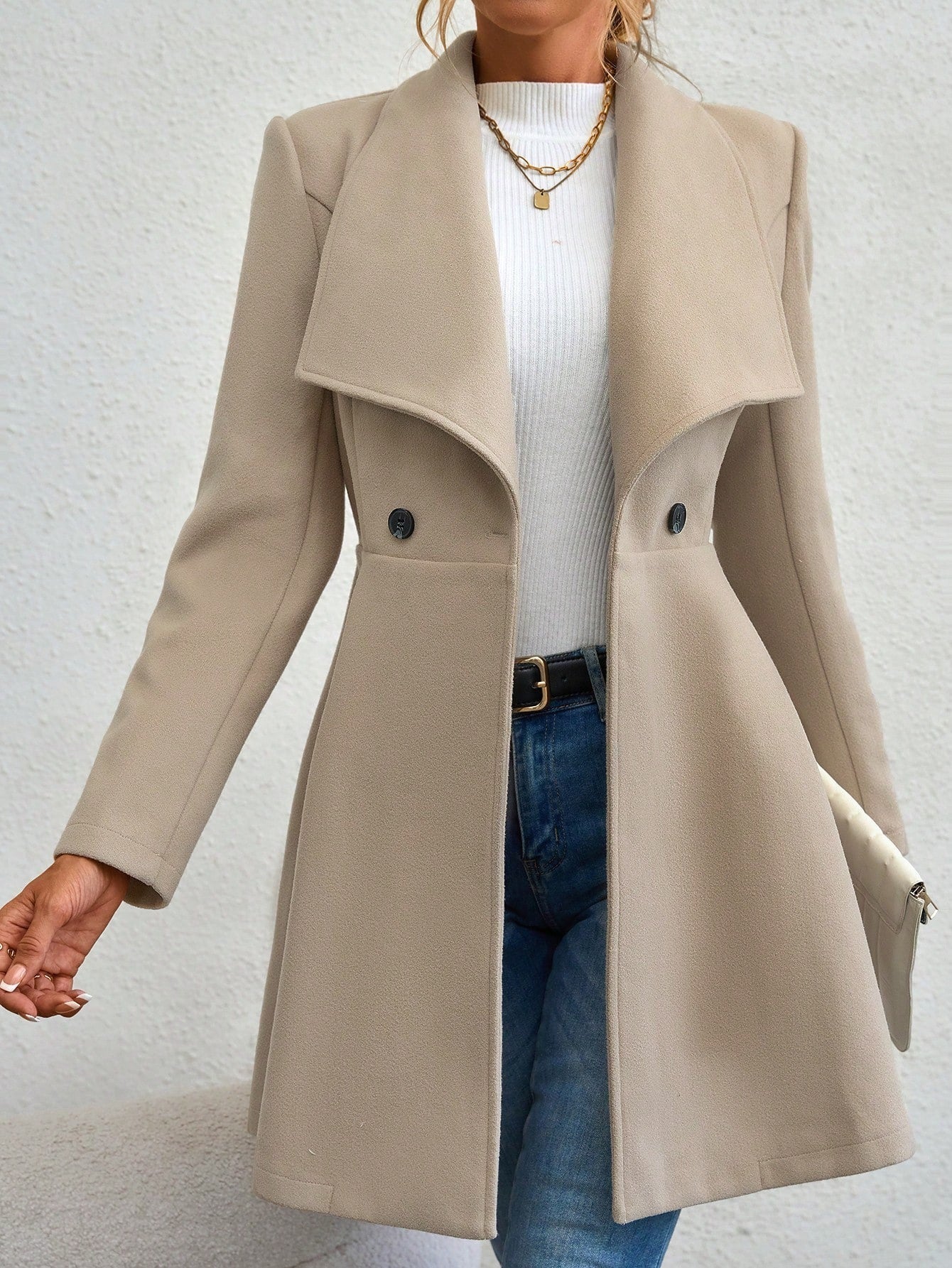 Women’s Wool Coat – Slim Fit – Long Length – Double Breasted – Notched Lapel