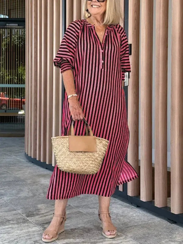Women’s Midi Dress – Striped Print – V-Neck – Flutter Sleeve – Relaxed Fit – Cotton