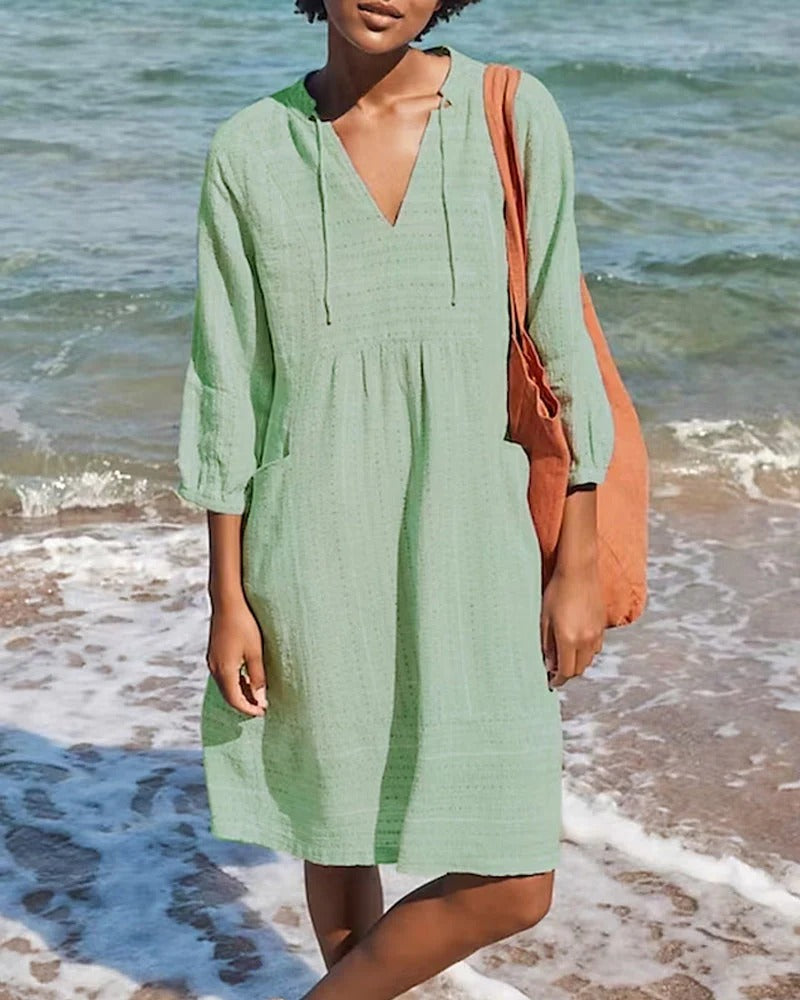 Women’s Knee-Length Dress – Relaxed Fit – V-Neck – Three-Quarter Sleeve – Breathable Blend