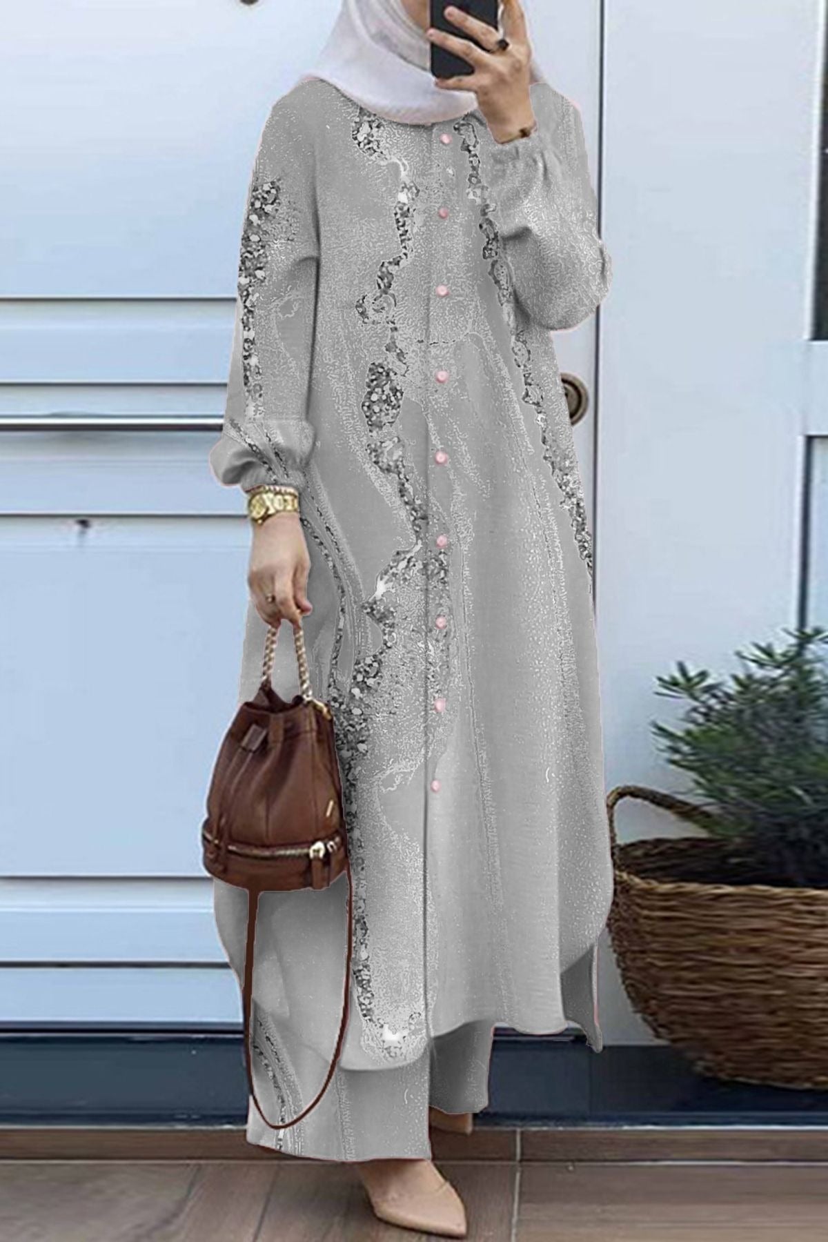 Women’s Tunic Set – Relaxed Fit – Stand Collar – Long Sleeve – Full-Length Trousers