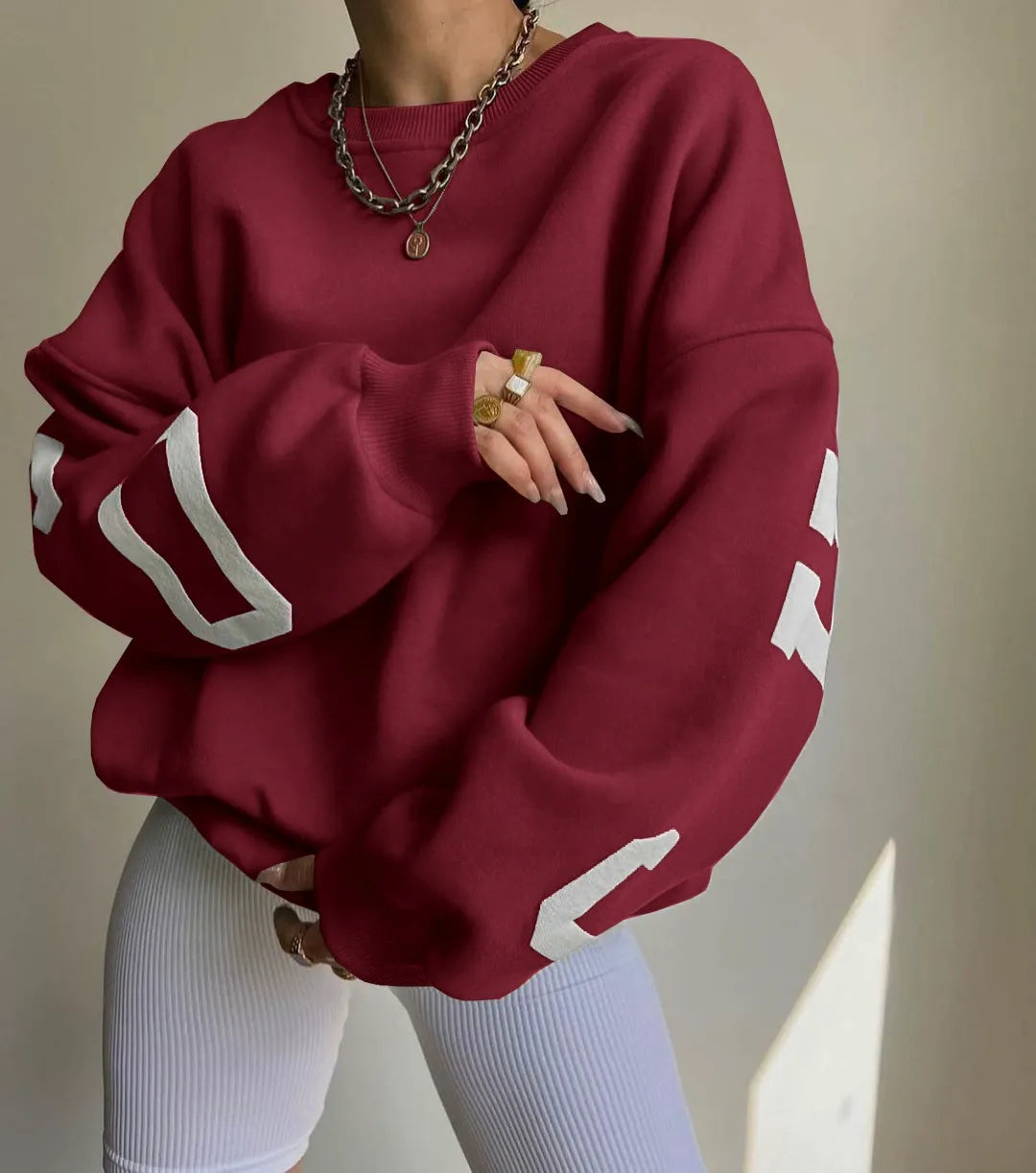 Women’s Sweatshirt – Oversized Fit – Cotton Blend – Graphic Sleeve – Crew Neck