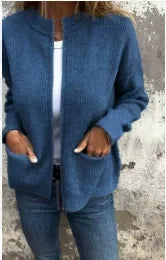 Women’s Jacket – Loose Fit – Ribbed Knit – Stand Collar – Zip Front – Mid Length
