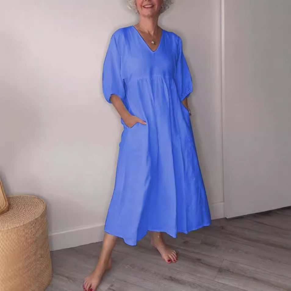 Women’s Midi Dress – Cotton Linen – Loose Fit – V-Neck – ¾ Sleeve – Pockets