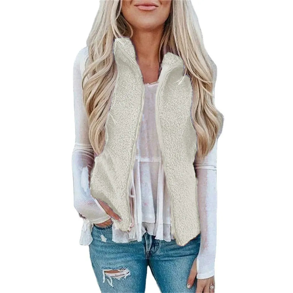 Women’s Vest – Fuzzy Plush Texture – Relaxed Fit – Zipper Front – High Collar Layering