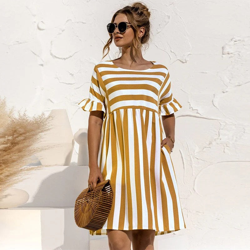 Women’s Mini Dress – Relaxed Fit – A-Line – Ruffle Sleeve – Striped – Breathable Blend