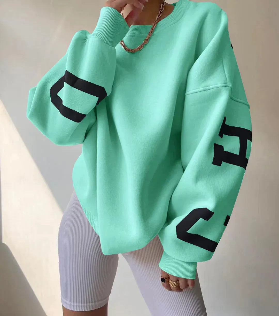 Women’s Sweatshirt – Oversized Fit – Cotton Blend – Graphic Sleeve – Crew Neck