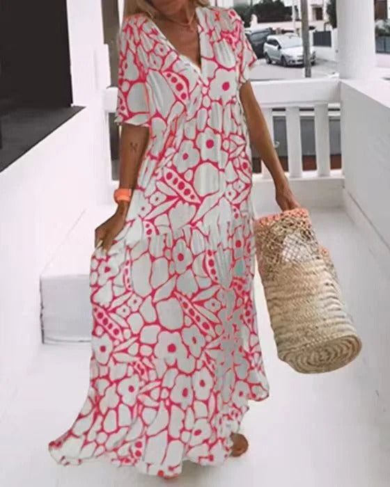 Women’s Maxi Dress – A-Line Fit – V-Neck – Short Sleeve – Breathable Blend – Floral Print