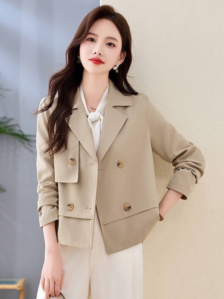 Women’s Cropped Relaxed Fit Jacket - Woven Cotton Blend - Double Breasted - Notch Lapel
