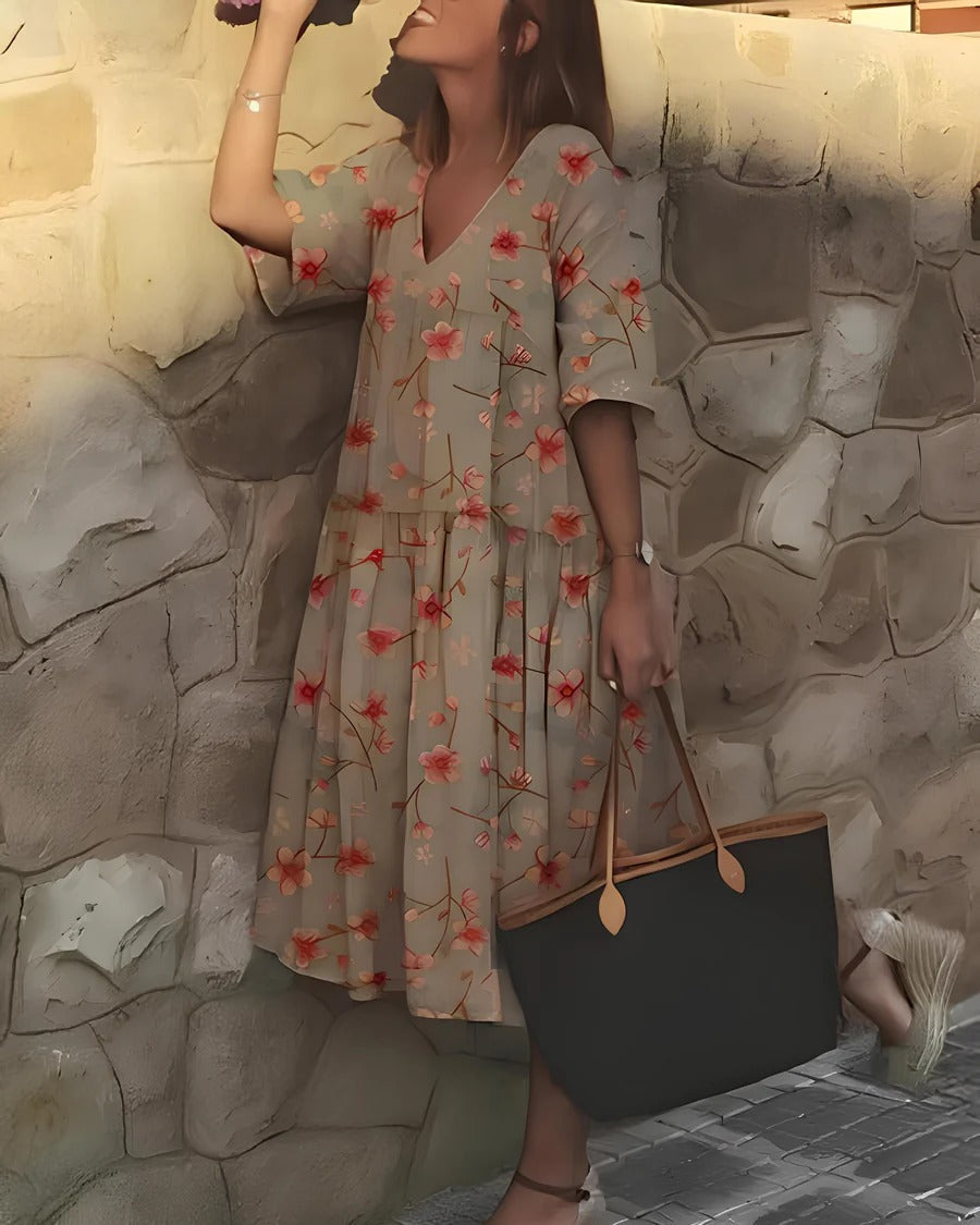 Women’s Midi Dress – A-Line Fit – V-Neck – Elbow Sleeve – Cotton Blend – Floral Print