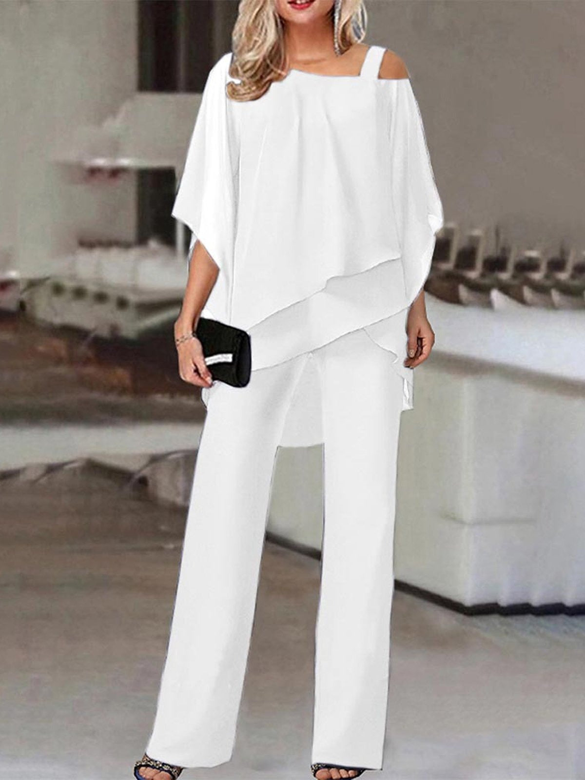 Women’s Two Piece Set – Off Shoulder Top – Breathable Blend – Full Length Pants