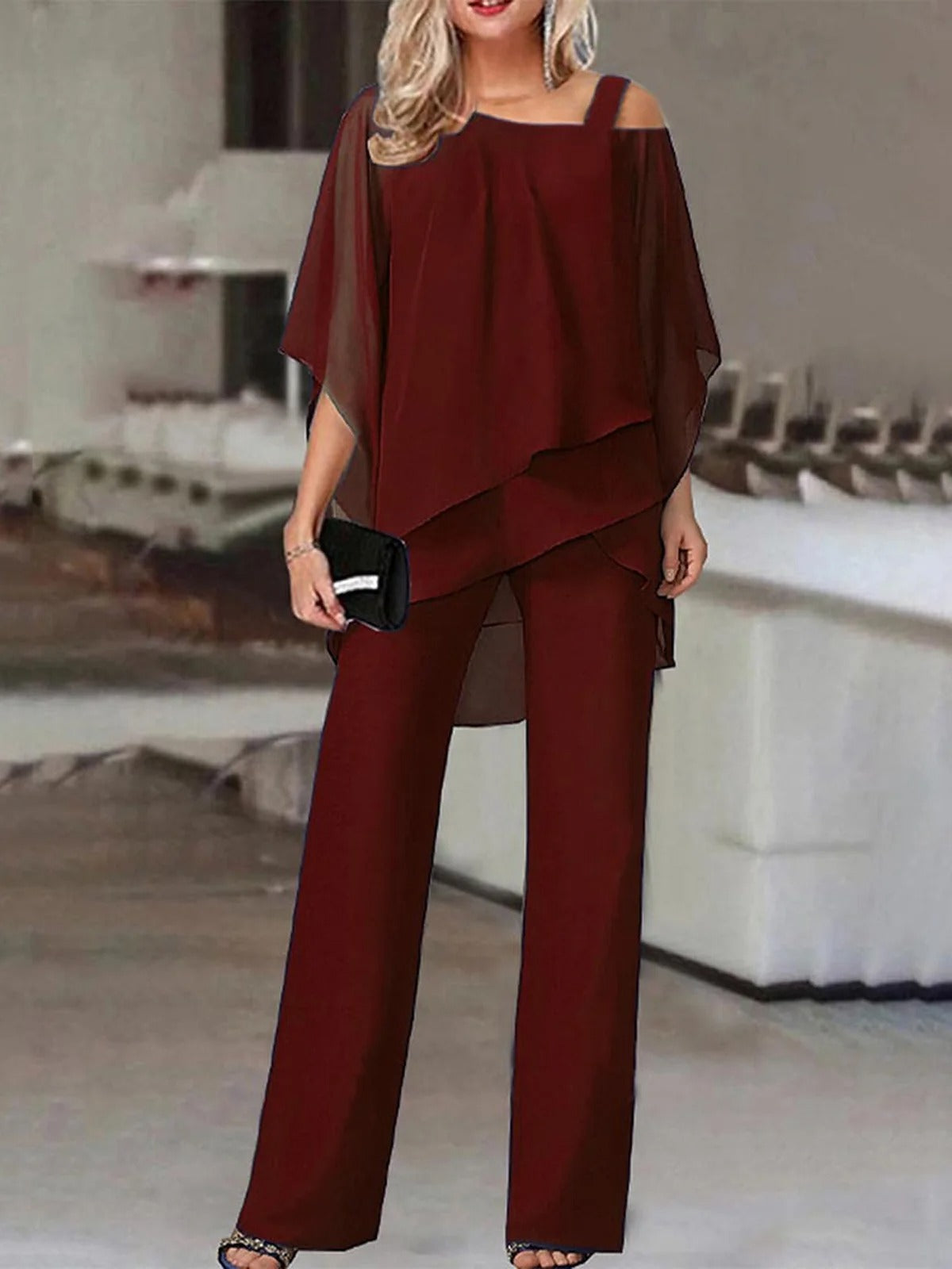 Women’s Two Piece Set – Off Shoulder Top – Breathable Blend – Full Length Pants
